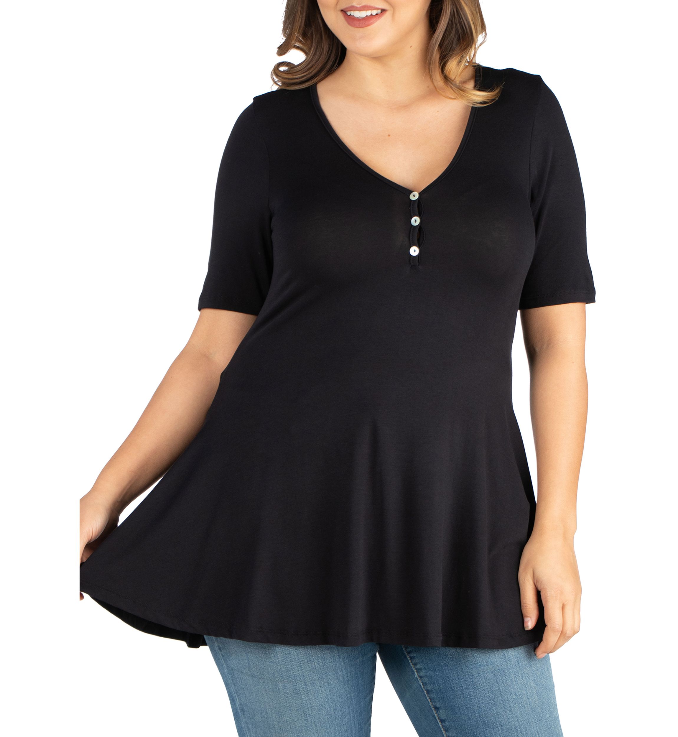 Plus Size Elbow Sleeve Henley  Tunic Top