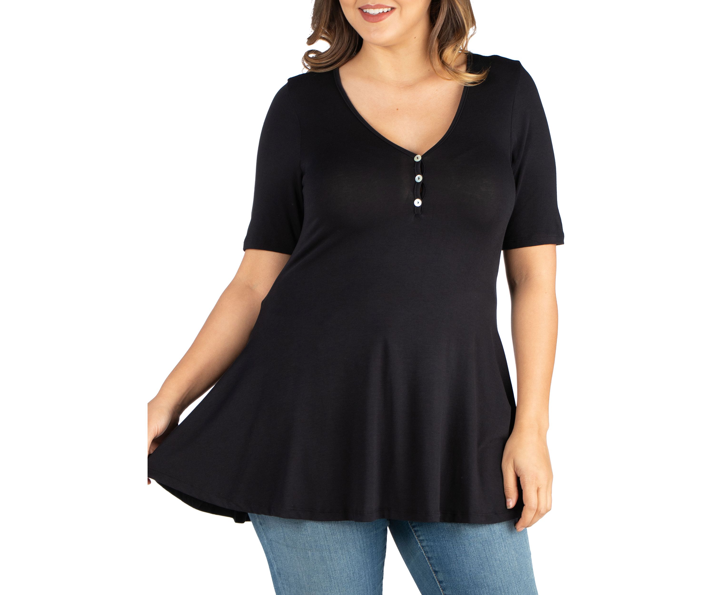 Plus Size Elbow Sleeve Henley  Tunic Top