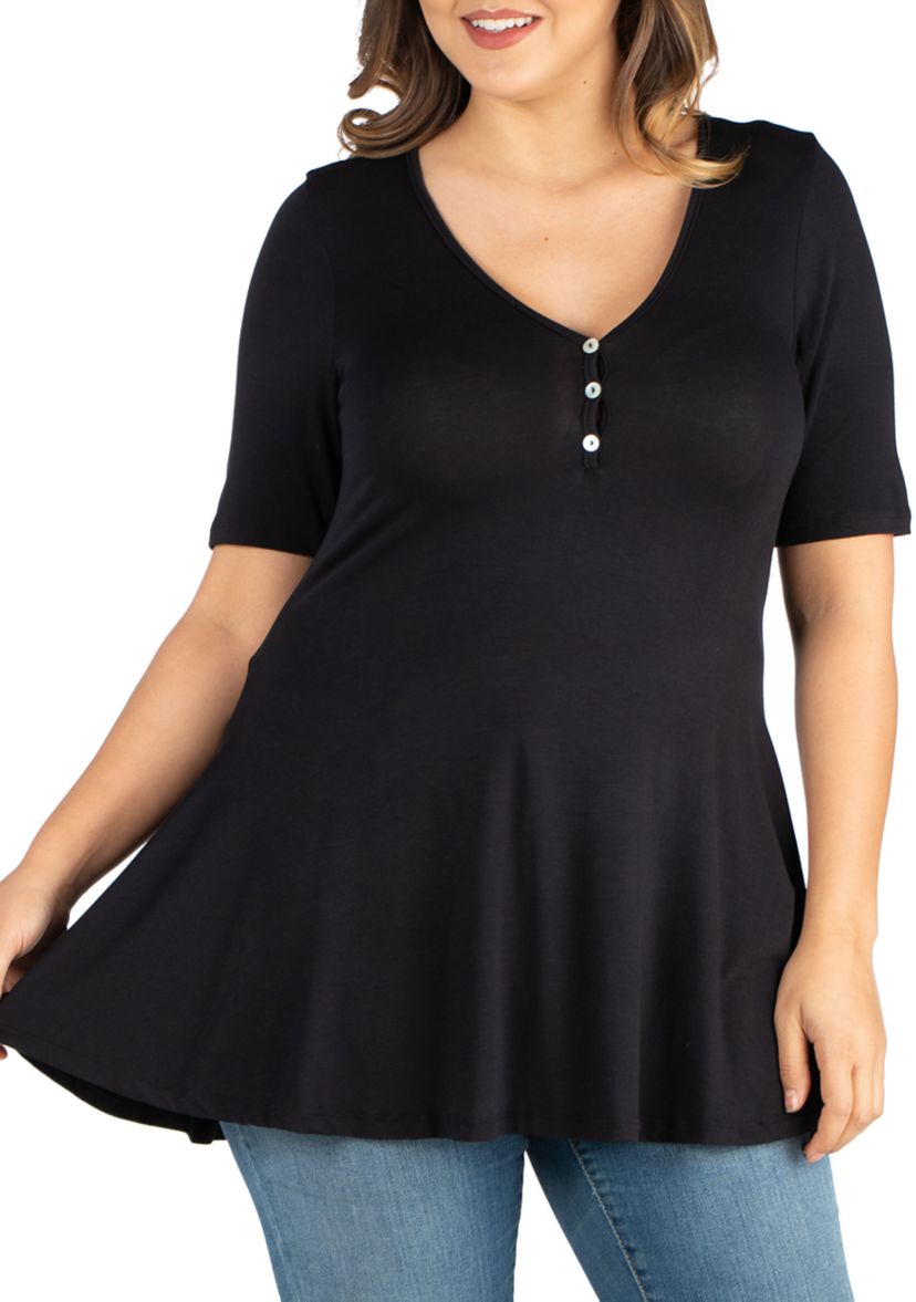 Plus Size Elbow Sleeve Henley  Tunic Top