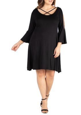 Plus Criss Cross Round Neck Cold Shoulder Dress