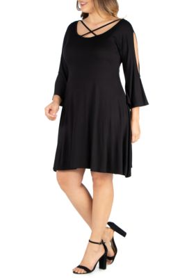 Plus Criss Cross Round Neck Cold Shoulder Dress