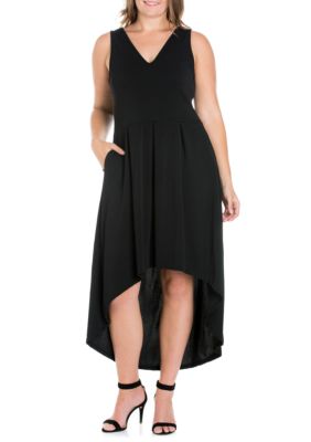 24seven Comfort Apparel Women's Plus Size Modern Classic High Low Little Black Dress with Pocket