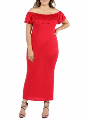 24seven Comfort Apparel Women's Plus Size Ruffle Off the Shoulder Maxi Dress, Red, 3X