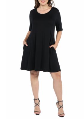 24seven Comfort Apparel Women's Plus Size Knee Length Pocket T-Shirt Dress, Black, 1X