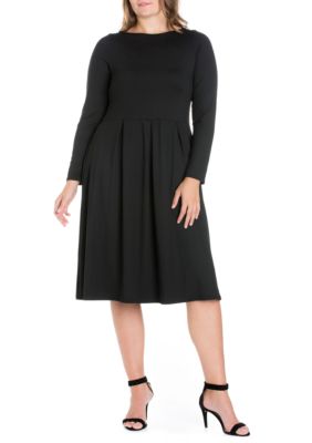 24seven Comfort Apparel Women's Plus Size Long Sleeve Fit and Flare Midi Dress, Black, 3X