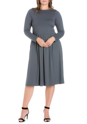 24seven Comfort Apparel Women's Plus Size Long Sleeve Fit and Flare Midi Dress, Grey, 3X
