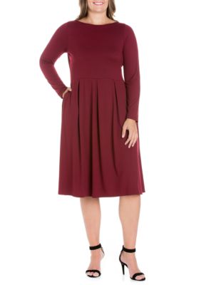 24seven Comfort Apparel Women's Plus Size Long Sleeve Fit and Flare Midi Dress, 3X