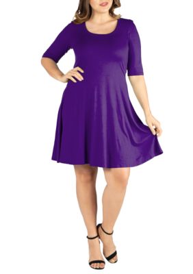 24seven Comfort Apparel Women's Plus Size Elbow Sleeve Knee Length Dress, Purple, 3X