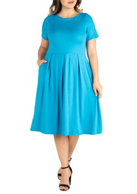 24seven Comfort Apparel Women’s Plus Size Short Sleeve Midi Skater Dress with Pockets, Turquoise, 3X
