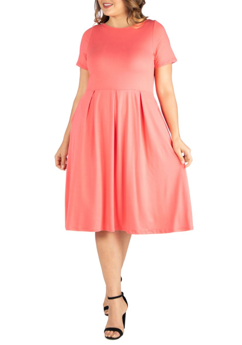 Plus Size Short Sleeve Midi Skater Dress with Pockets