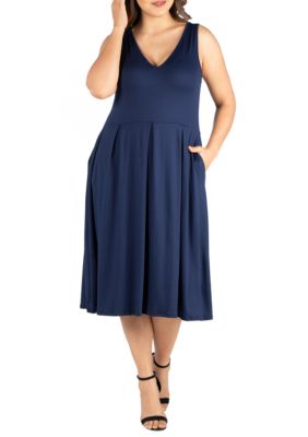24seven Comfort Apparel Women's Plus Size Sleeveless Midi Fit and Flare Pocket Dress