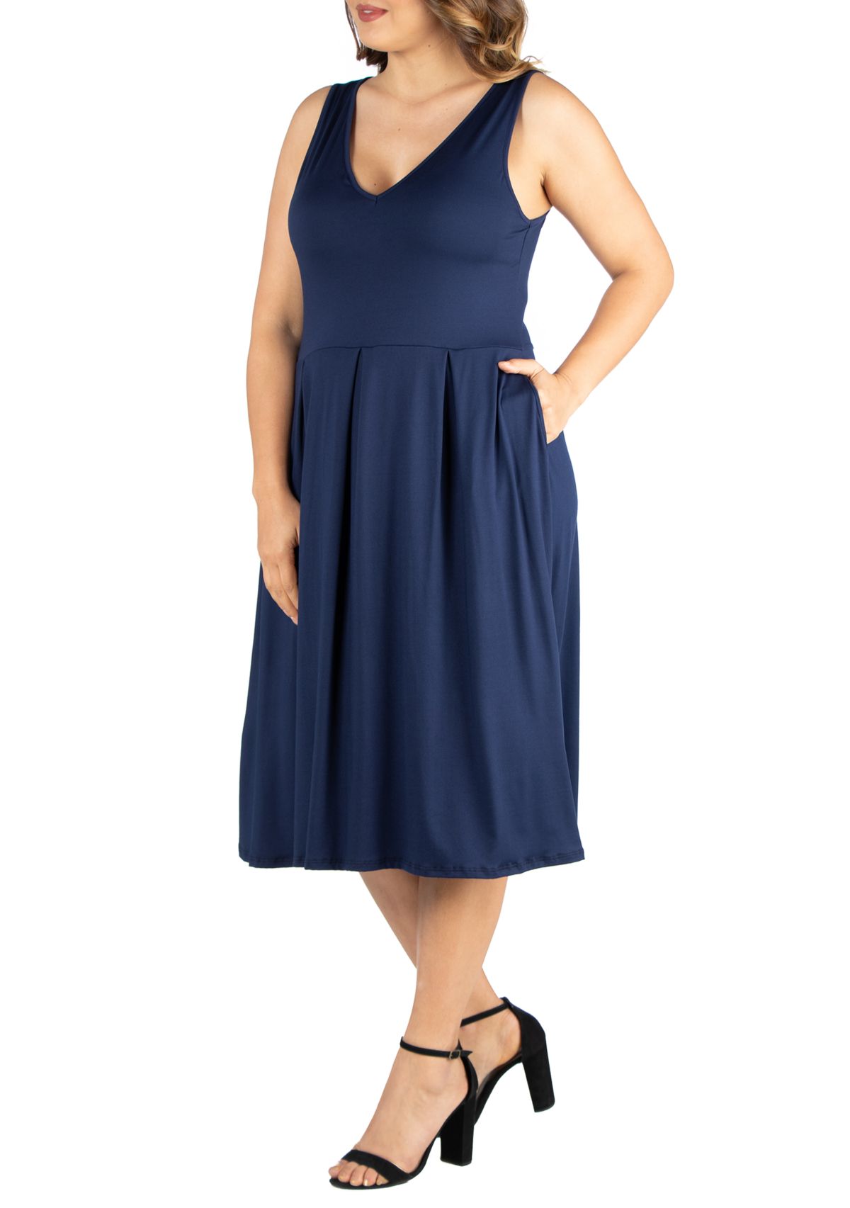 Plus Size Sleeveless Midi Fit and Flare Pocket Dress