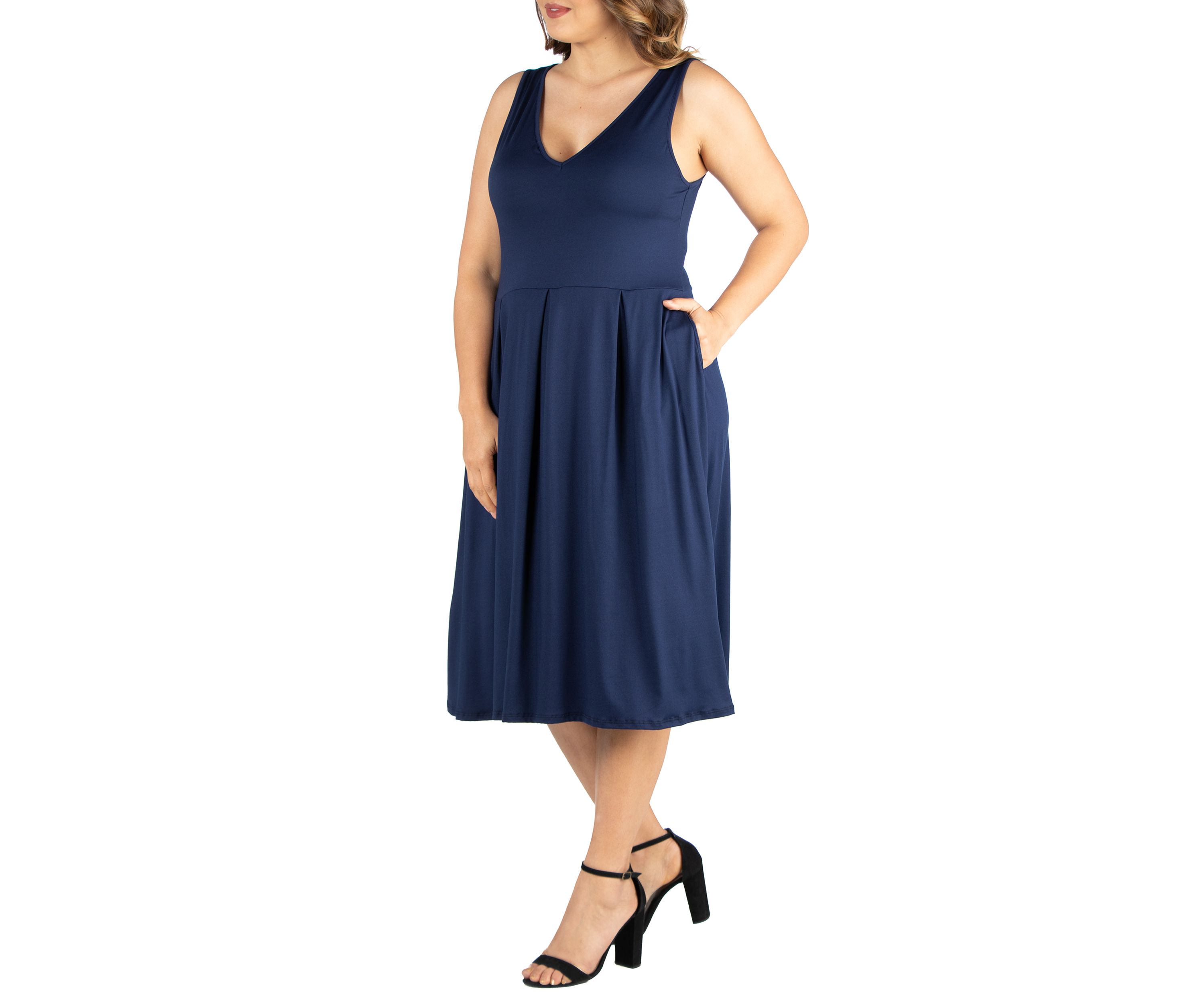 Plus Size Sleeveless Midi Fit and Flare Pocket Dress