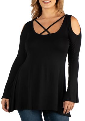 24seven Comfort Apparel Plus Size Long Sleeve Strappy Neck Flared Tunic ...
