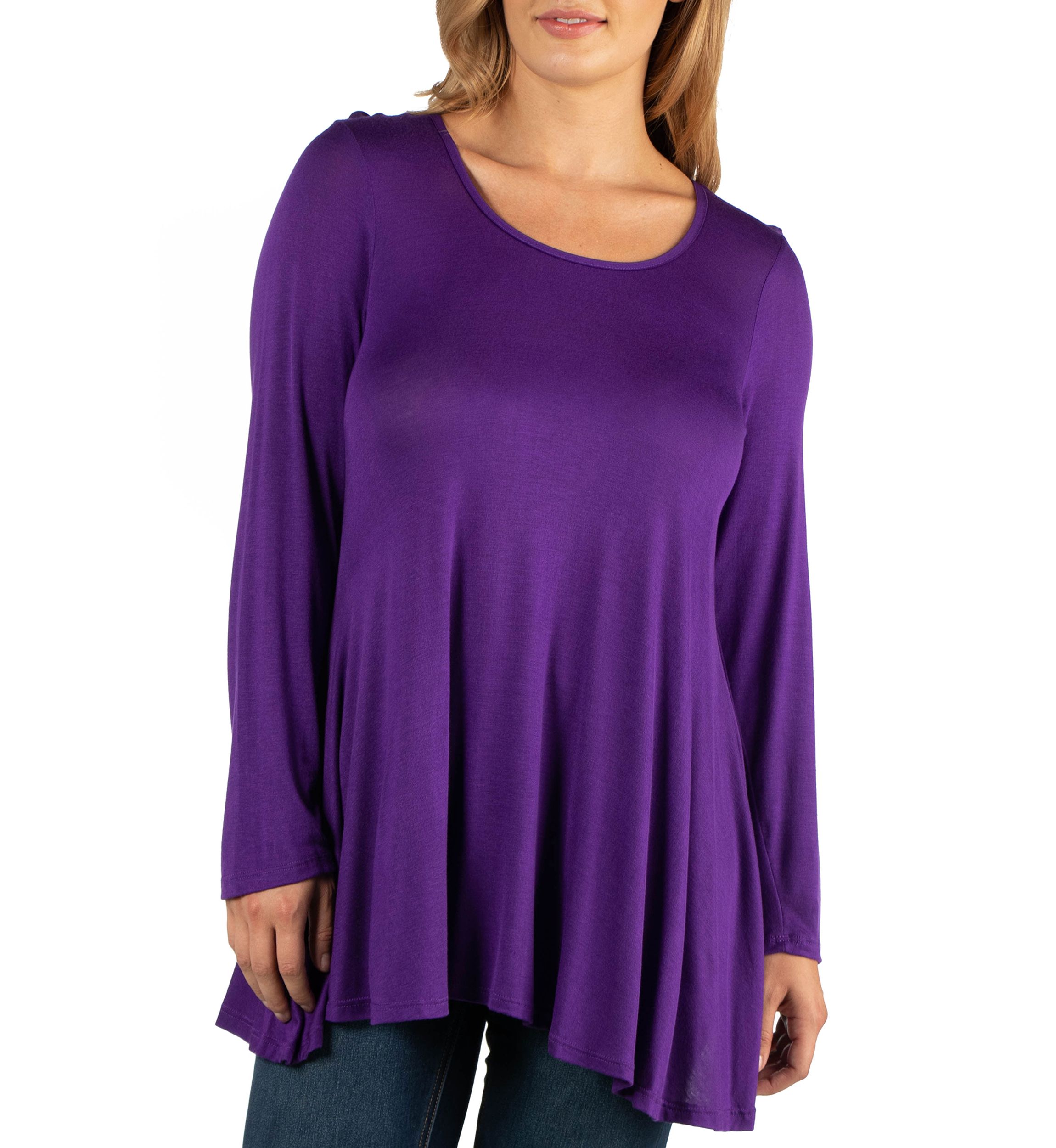 Plus Size Long Sleeve Solid Color Swing Style Flared Tunic Top