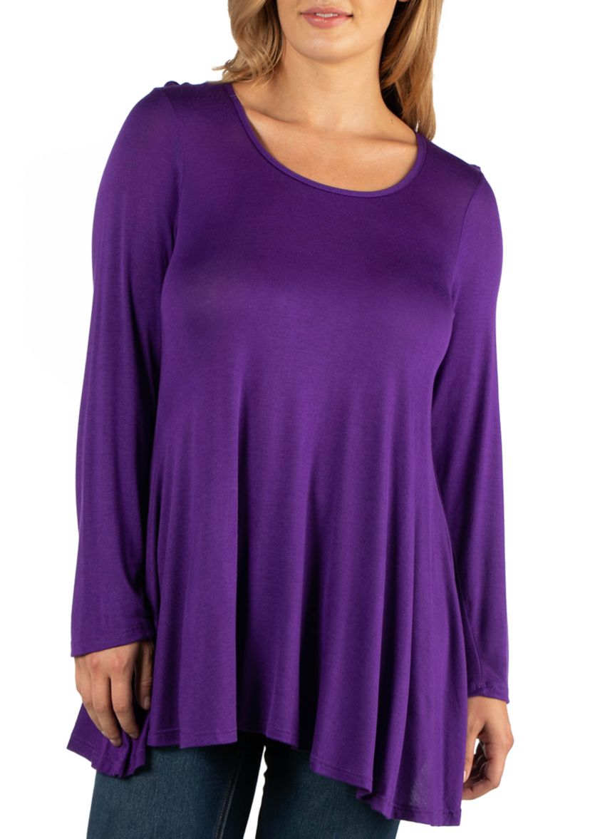 Plus Size Long Sleeve Solid Color Swing Style Flared Tunic Top