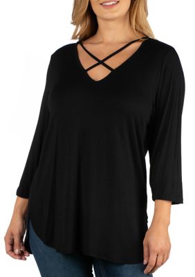 24seven Comfort Apparel Plus Size V Neck 3 4 Sleeve Strappy Tunic Top