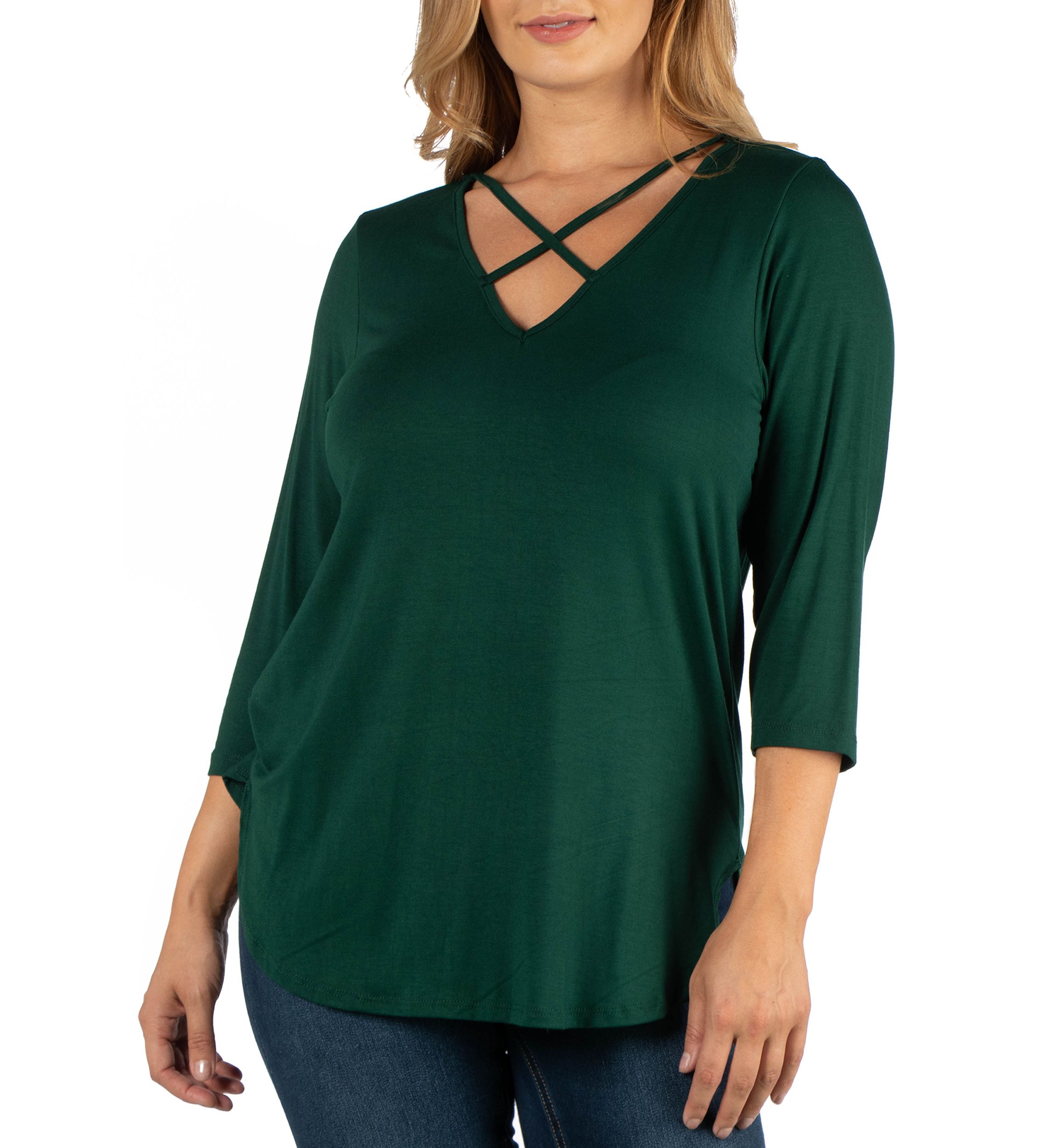 Plus Size V-Neck 3/4 Sleeve Strappy Tunic Top