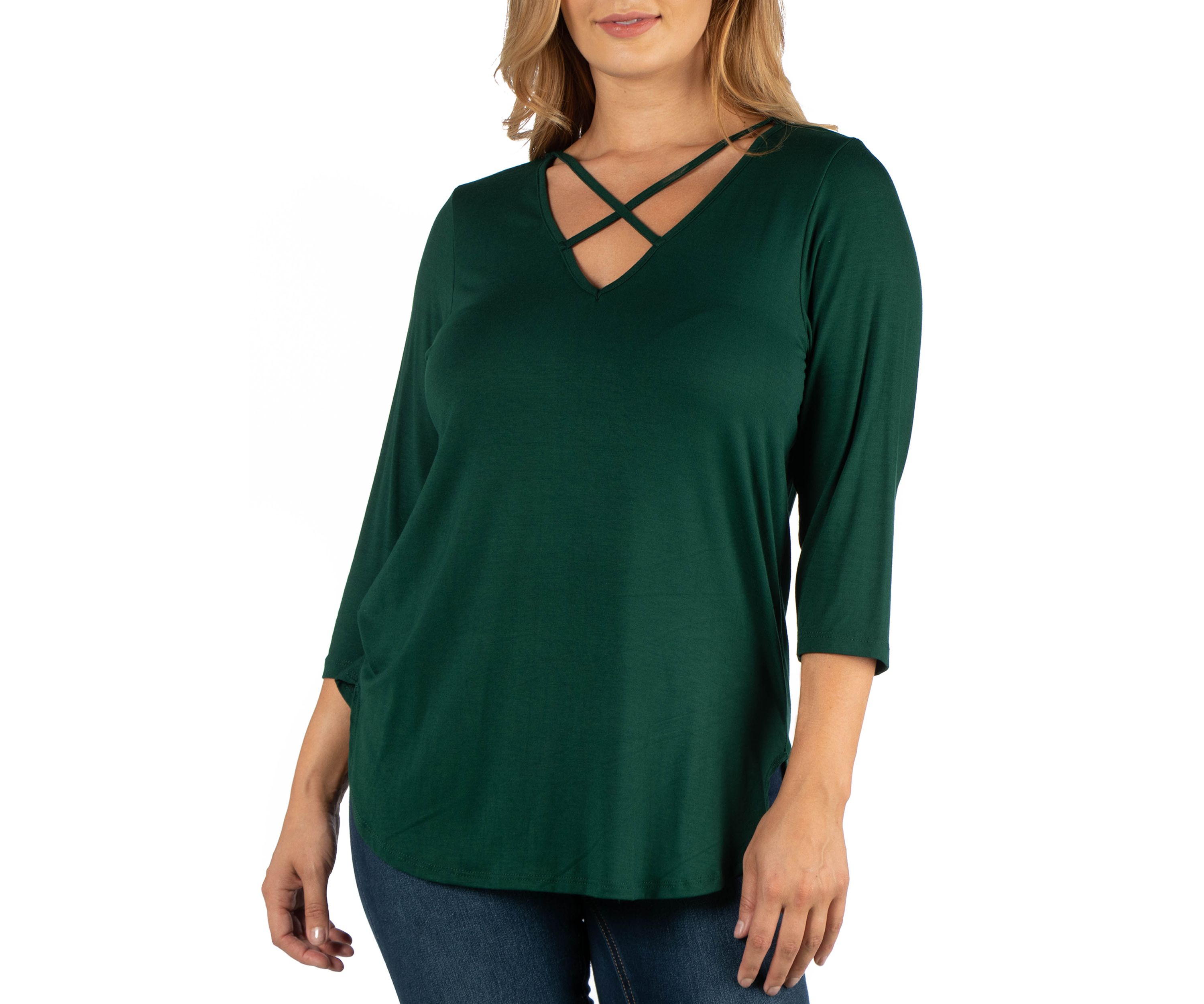 Plus Size V-Neck 3/4 Sleeve Strappy Tunic Top