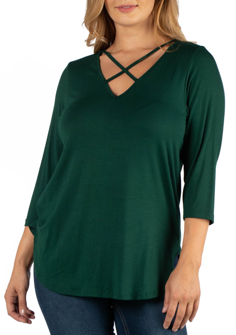 Plus Size V-Neck 3/4 Sleeve Strappy Tunic Top