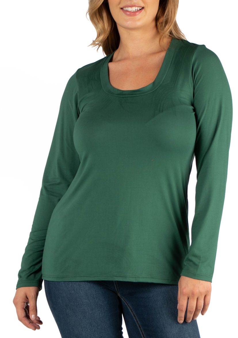 Plus Size Scoop Neck Long Sleeve Solid Color T-Shirt