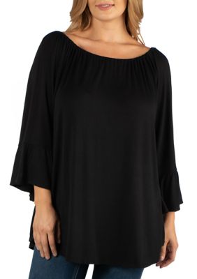24seven Comfort Apparel Women's Plus Size Round Neck Bell Sleeve Peasant Top, Black, 2X