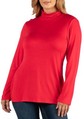24seven Comfort Apparel Women's Plus Size Classic Long Sleeve Turtleneck Top, Red, 1X
