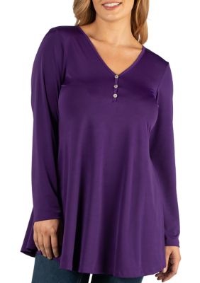 24seven Comfort Apparel Women's Plus Size Flared Long Sleeve Henley Tunic Top