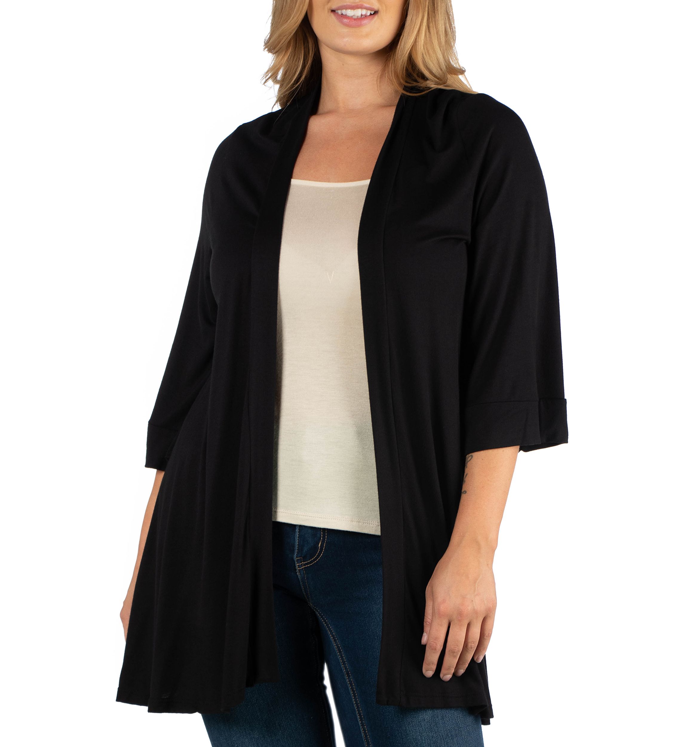  Plus Size Open Front Elbow Length Sleeve Cardigan