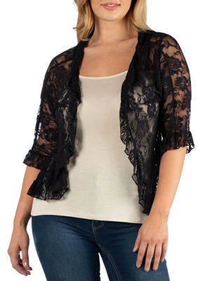 24seven Comfort Apparel Plus Size Sheer Black Lace Open Front Shrug | belk