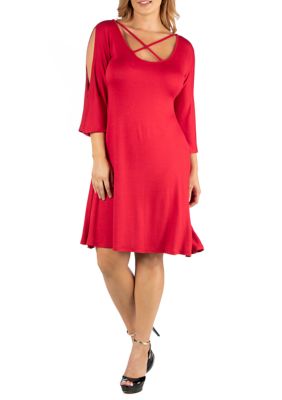 24seven Comfort Apparel Women's Plus Size Knee Length Cold Shoulder Dress