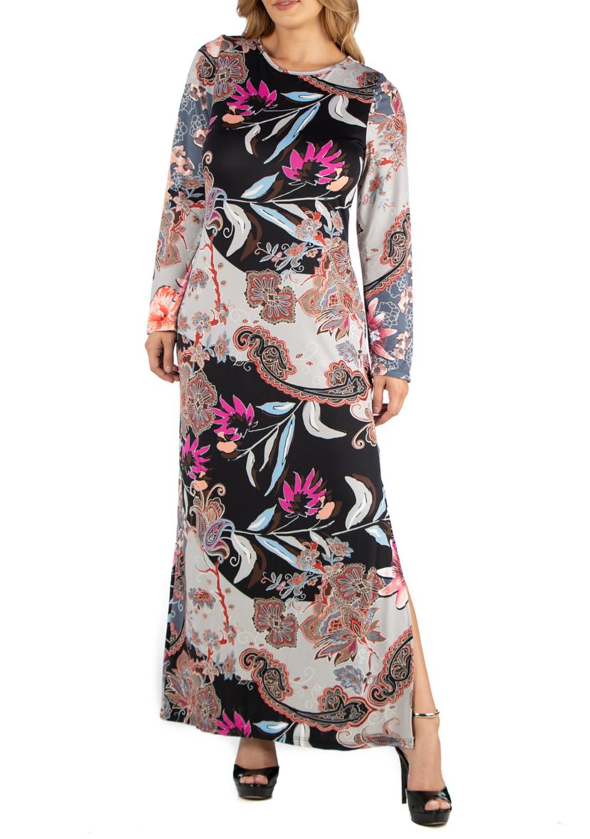 Plus Size Floral Long Sleeve Side Slit Maxi Dress