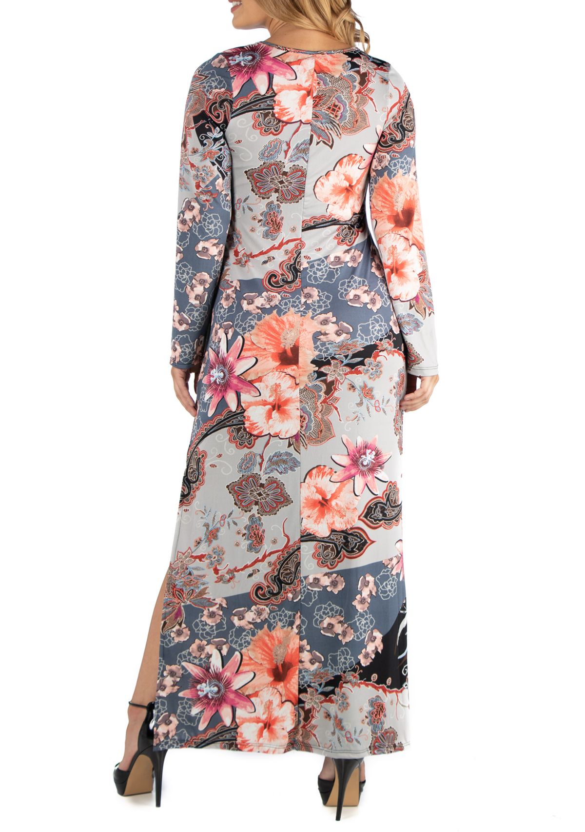 Plus Size Floral Long Sleeve Side Slit Maxi Dress