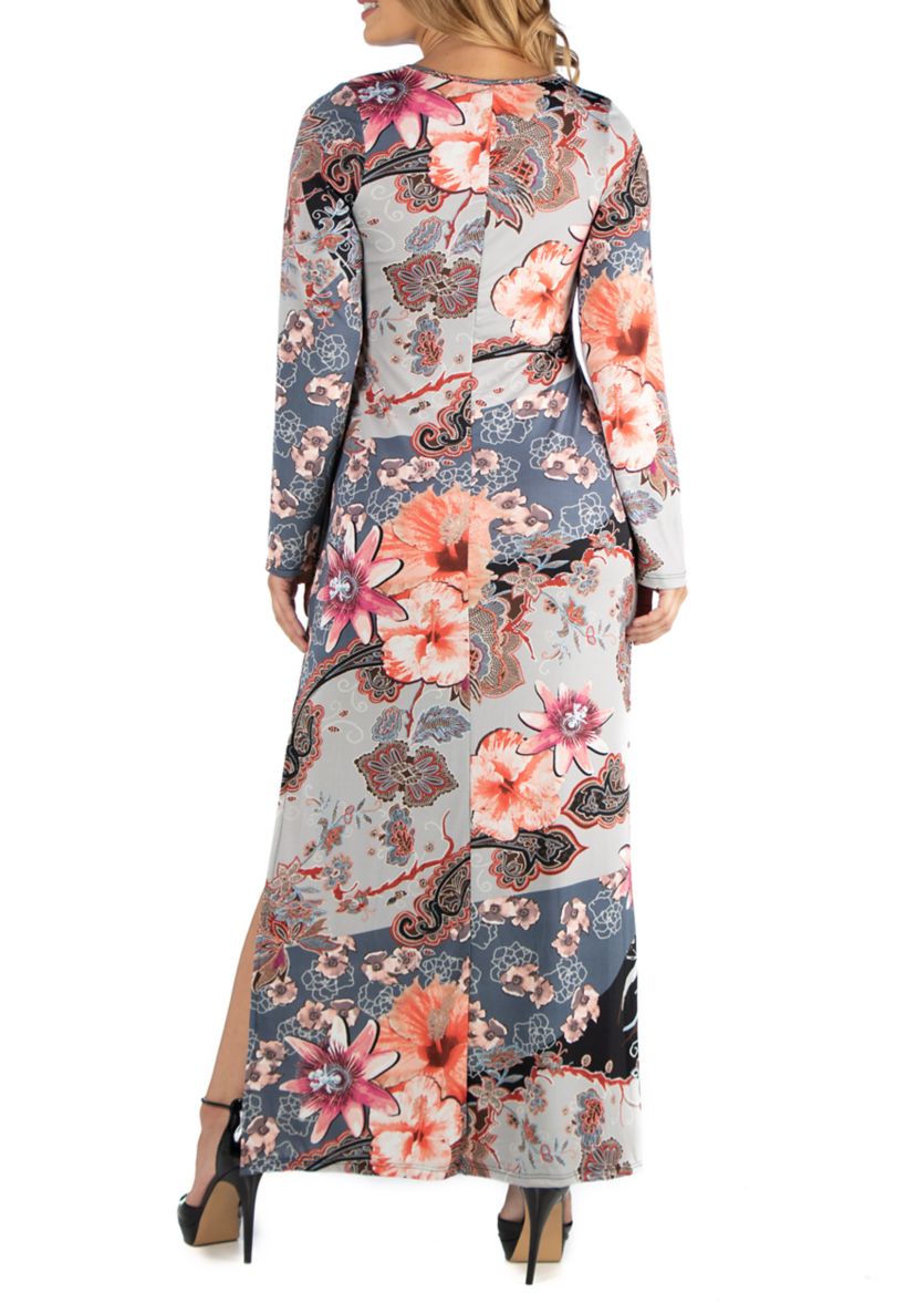 Plus Size Floral Long Sleeve Side Slit Maxi Dress