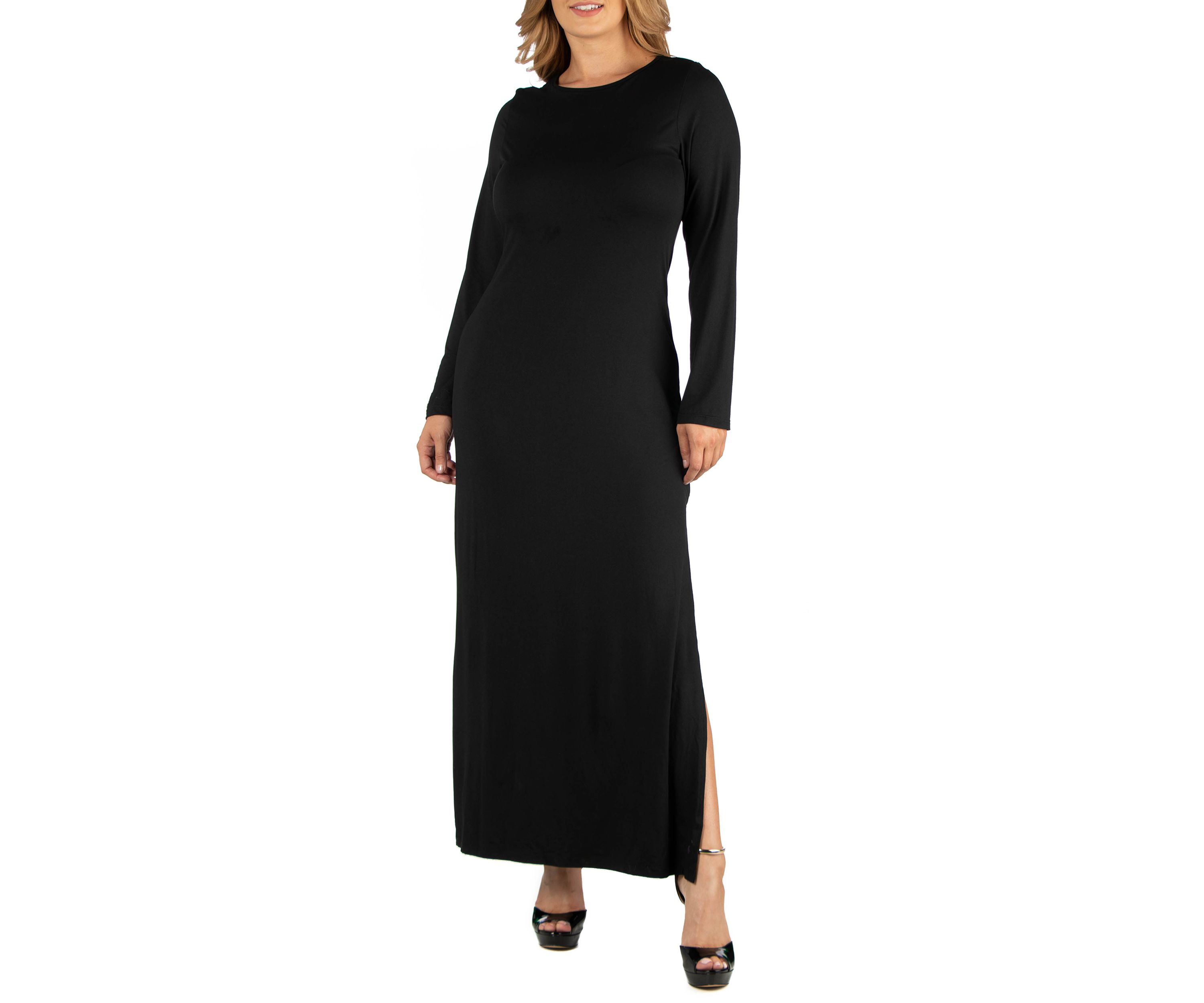 Plus Size Form Fitting Long Sleeve Side Slit Maxi Dress