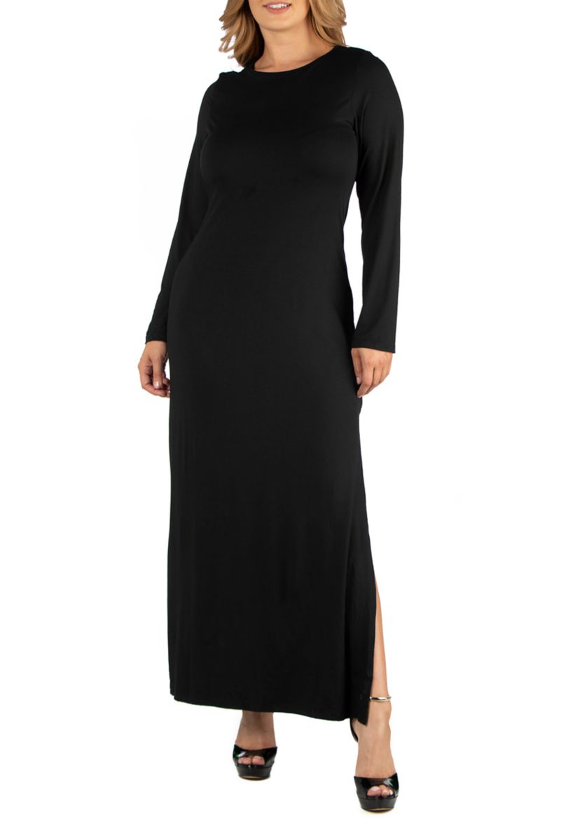 Plus Size Form Fitting Long Sleeve Side Slit Maxi Dress