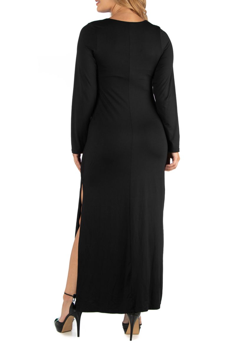 Plus Size Form Fitting Long Sleeve Side Slit Maxi Dress