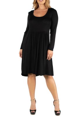 Plus Knee Length Pleated Long Sleeve Dress