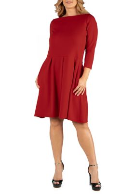 24seven Comfort Apparel Women's Plus Size Knee Length Fit and Flare Dress with Pockets, Red, 3X