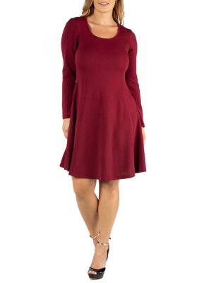 24seven Comfort Apparel Women's Plus Size Simple Long Sleeve Knee Length Flared Dress