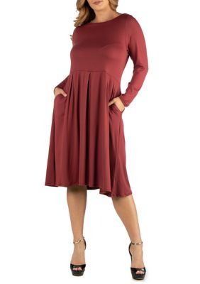 24seven Comfort Apparel Women's Plus Size Midi Length Fit and Flare Pocket Dress