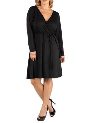 Plus Knee Length Long Sleeve Wrap Dress