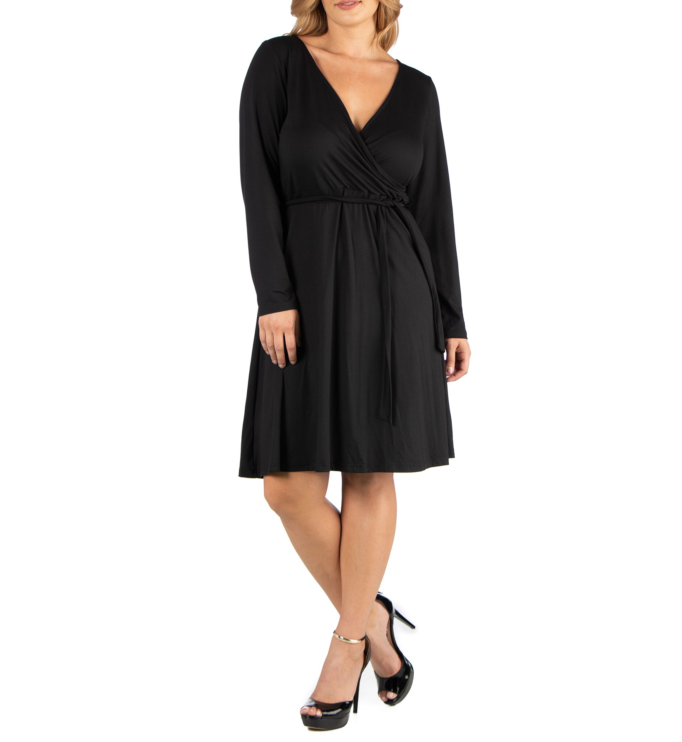 Plus Size Knee Length Long Sleeve Wrap Dress