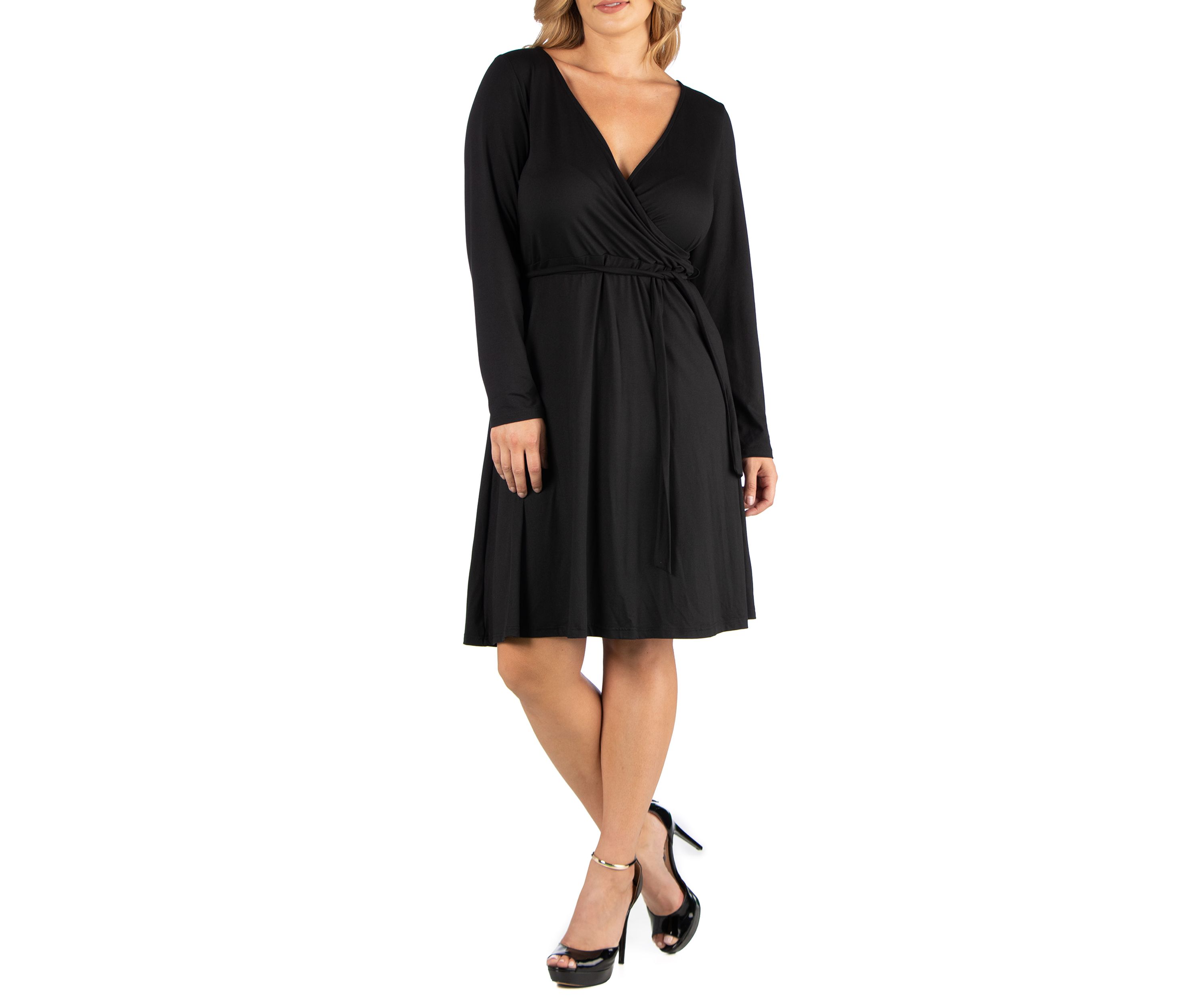 Plus Size Knee Length Long Sleeve Wrap Dress