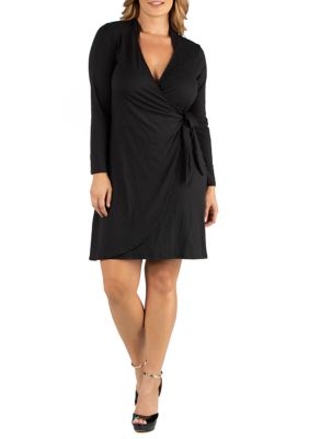 24seven Comfort Apparel Plus Size Knee Length Long Sleeve Wrap Dress | belk