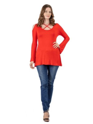 24seven Comfort Apparel Women's Criss Cross Cold Shoulder Long Sleeve Top
