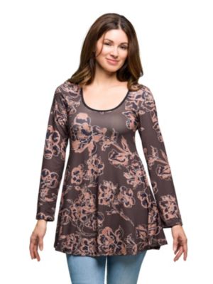 24seven Comfort Apparel Womens Brown Floral Print Long Sleeve Tunic Top