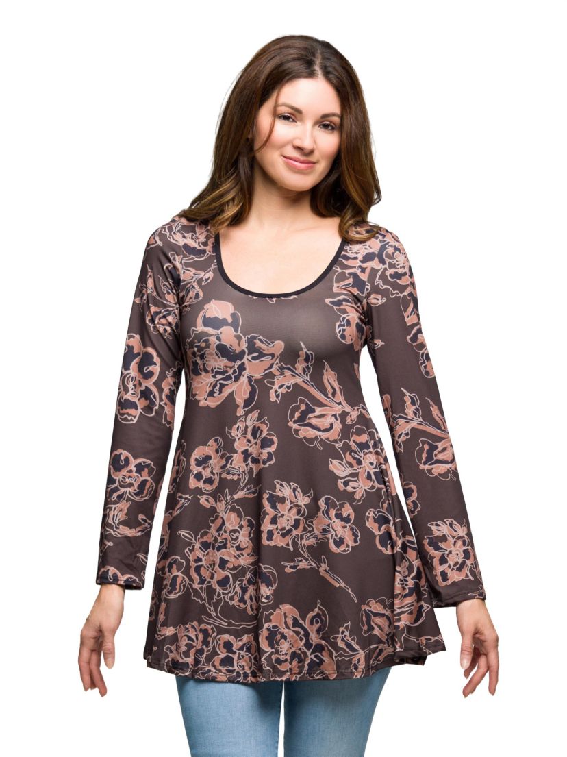 Womens Brown Floral Print Long Sleeve Tunic Top