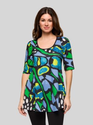 24seven Comfort Apparel Womens Blue Butterfly Print Elbow Sleeve Casual Tunic Top