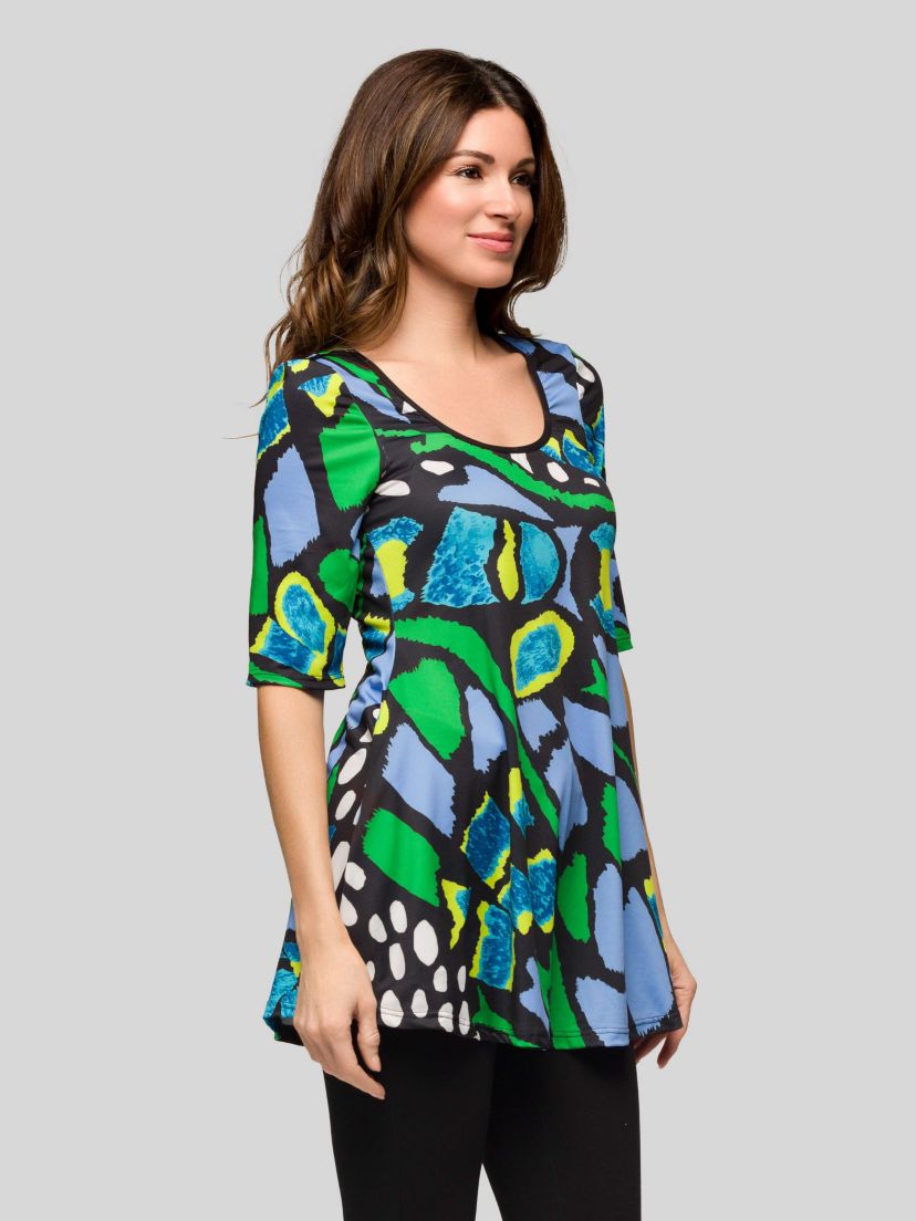Womens Blue Butterfly Print Elbow Sleeve Casual Tunic Top